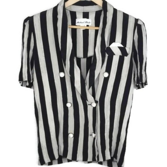 Michael Blake Double Breasted Vintage Striped Black Beige Blouse Women's Size 10 - Picture 1 of 4